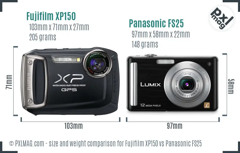 Fujifilm XP150 vs Panasonic FS25 size comparison