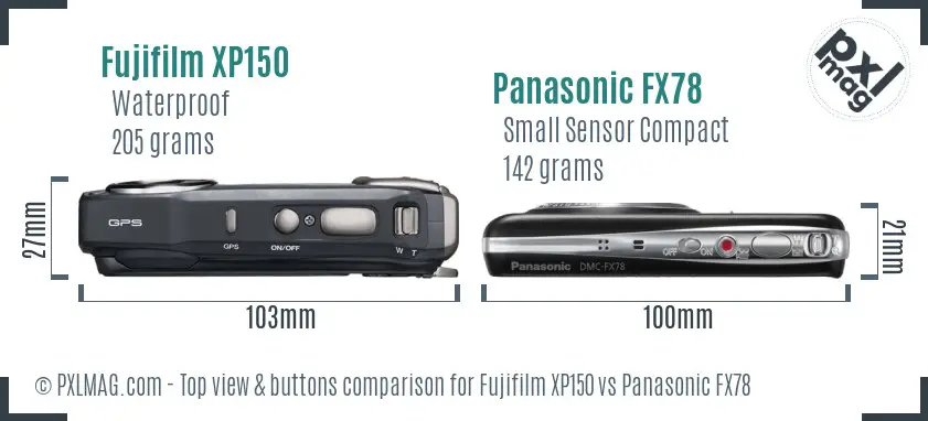Fujifilm XP150 vs Panasonic FX78 top view buttons comparison Fujifilm XP150 vs Panasonic FX78 top view buttons comparison