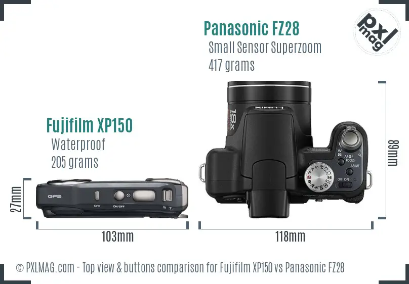 Fujifilm XP150 vs Panasonic FZ28 top view buttons comparison
