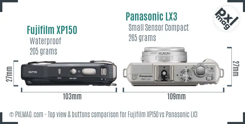 Fujifilm XP150 vs Panasonic LX3 top view buttons comparison Fujifilm XP150 vs Panasonic LX3 top view buttons comparison