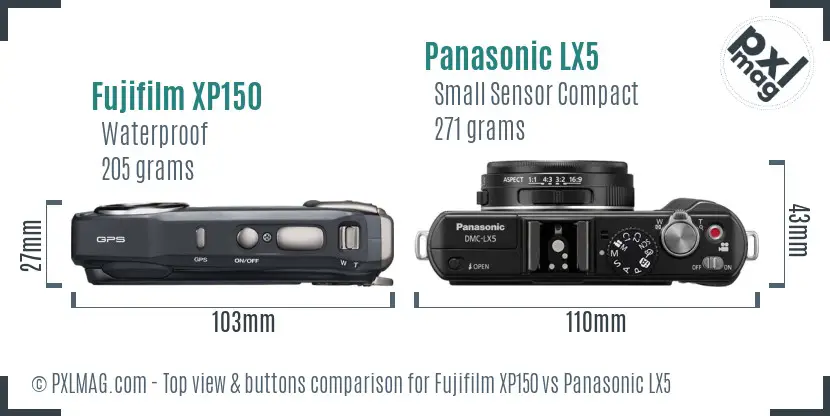 Fujifilm XP150 vs Panasonic LX5 top view buttons comparison Fujifilm XP150 vs Panasonic LX5 top view buttons comparison