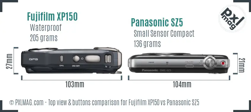Fujifilm XP150 vs Panasonic SZ5 top view buttons comparison