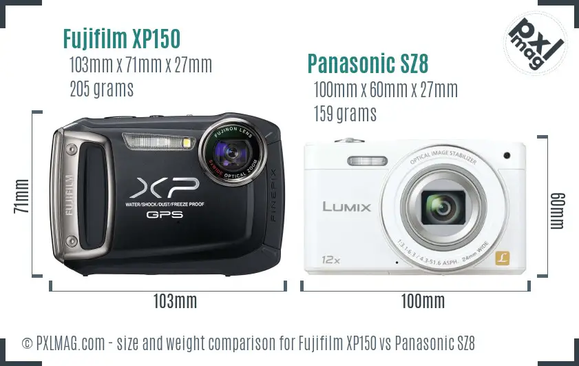 Fujifilm XP150 vs Panasonic SZ8 size comparison