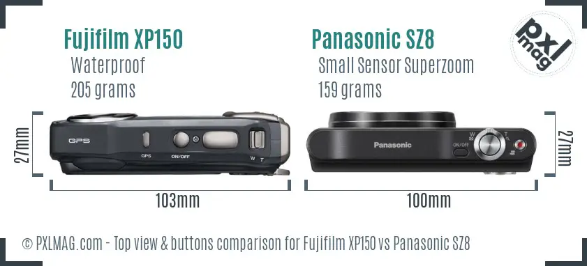 Fujifilm XP150 vs Panasonic SZ8 top view buttons comparison