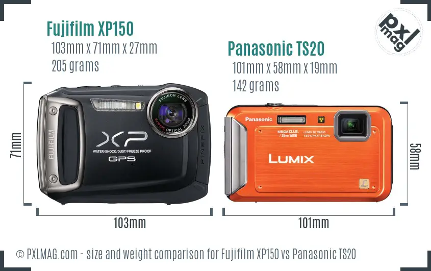 Fujifilm XP150 vs Panasonic TS20 size comparison