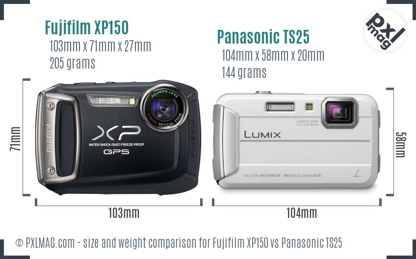 Fujifilm XP150 vs Panasonic TS25 size comparison