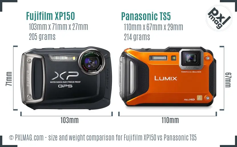 Fujifilm XP150 vs Panasonic TS5 size comparison