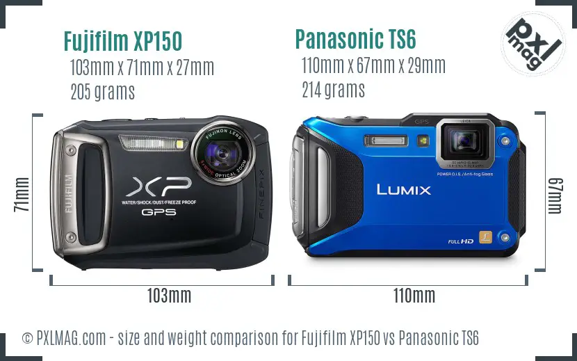 Fujifilm XP150 vs Panasonic TS6 size comparison