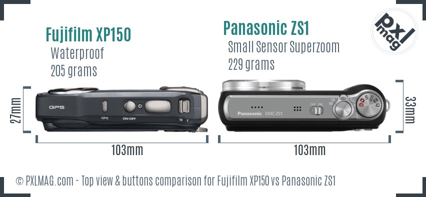 Fujifilm XP150 vs Panasonic ZS1 top view buttons comparison