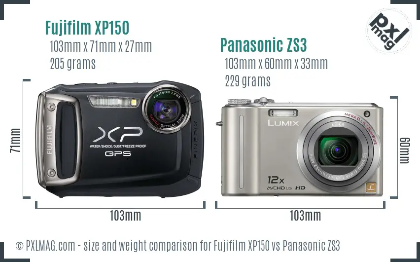 Fujifilm XP150 vs Panasonic ZS3 size comparison