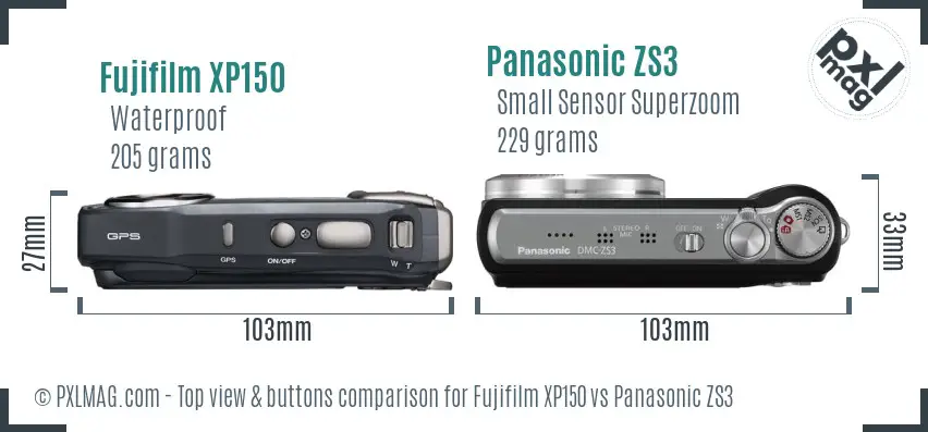 Fujifilm XP150 vs Panasonic ZS3 top view buttons comparison