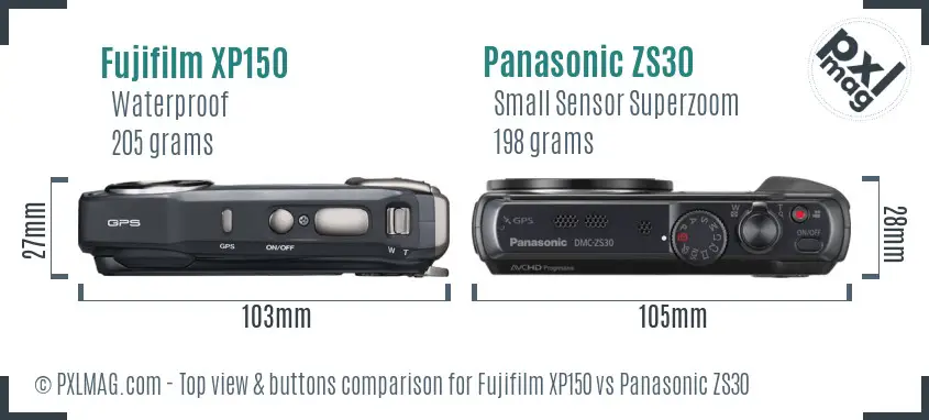 Fujifilm XP150 vs Panasonic ZS30 top view buttons comparison