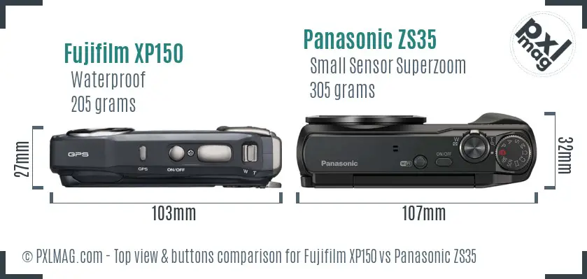 Fujifilm XP150 vs Panasonic ZS35 top view buttons comparison Fujifilm XP150 vs Panasonic ZS35 top view buttons comparison
