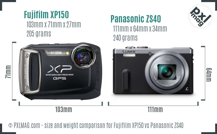 Fujifilm XP150 vs Panasonic ZS40 size comparison