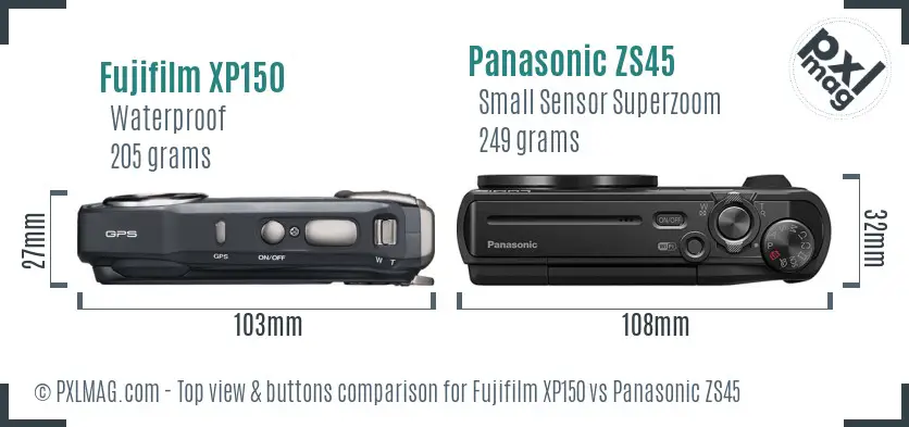 Fujifilm XP150 vs Panasonic ZS45 top view buttons comparison Fujifilm XP150 vs Panasonic ZS45 top view buttons comparison