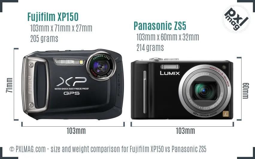 Fujifilm XP150 vs Panasonic ZS5 size comparison