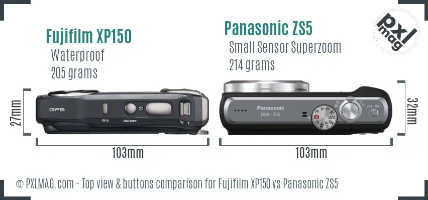 Fujifilm XP150 vs Panasonic ZS5 top view buttons comparison