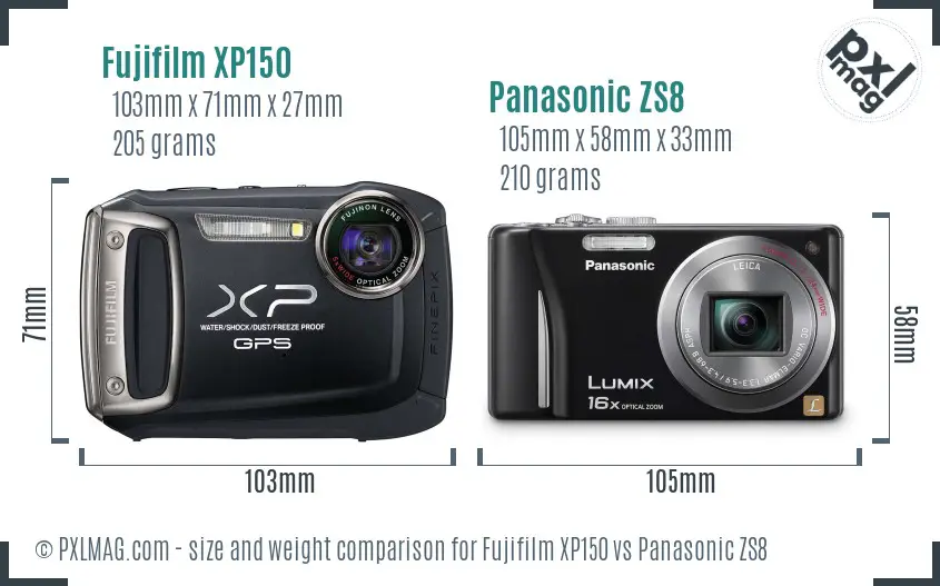 Fujifilm XP150 vs Panasonic ZS8 size comparison
