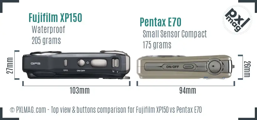 Fujifilm XP150 vs Pentax E70 top view buttons comparison