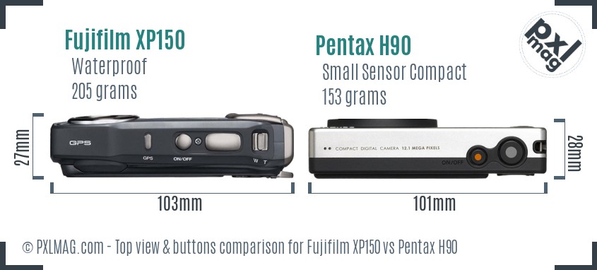 Fujifilm XP150 vs Pentax H90 top view buttons comparison