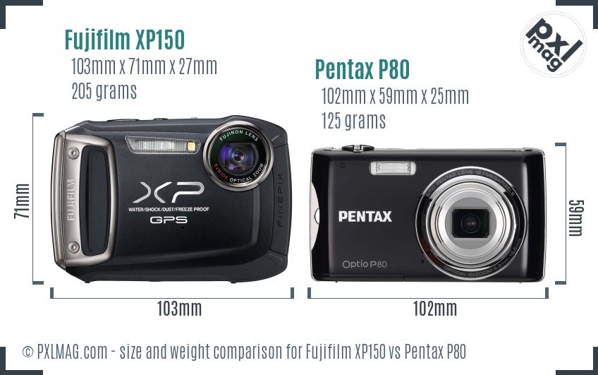 Fujifilm XP150 vs Pentax P80 size comparison