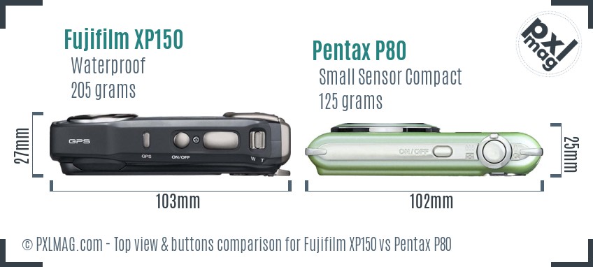 Fujifilm XP150 vs Pentax P80 top view buttons comparison