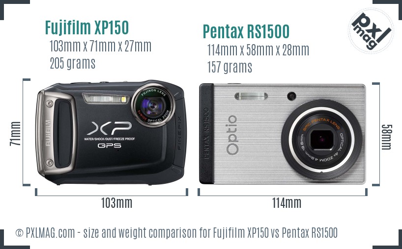 Fujifilm XP150 vs Pentax RS1500 size comparison