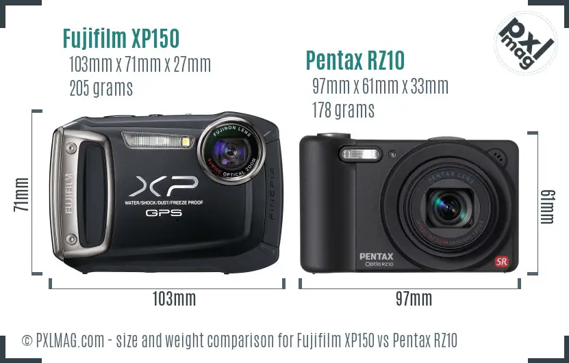 Fujifilm XP150 vs Pentax RZ10 size comparison