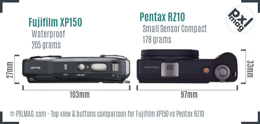 Fujifilm XP150 vs Pentax RZ10 top view buttons comparison