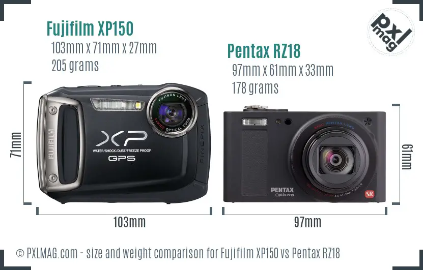Fujifilm XP150 vs Pentax RZ18 size comparison