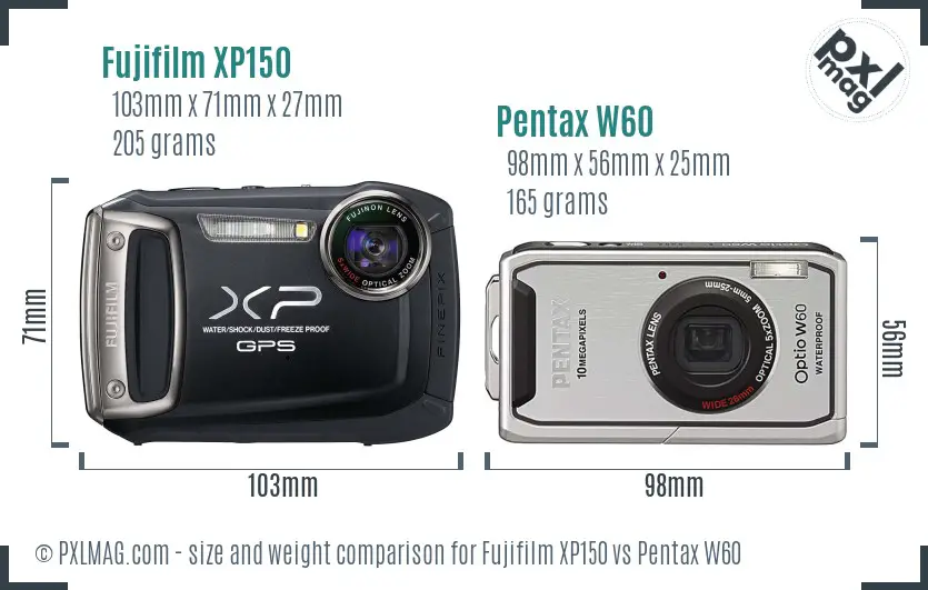 Fujifilm XP150 vs Pentax W60 size comparison