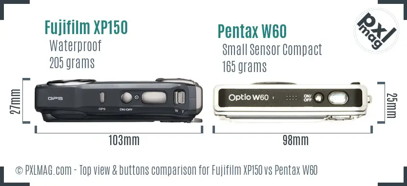 Fujifilm XP150 vs Pentax W60 top view buttons comparison