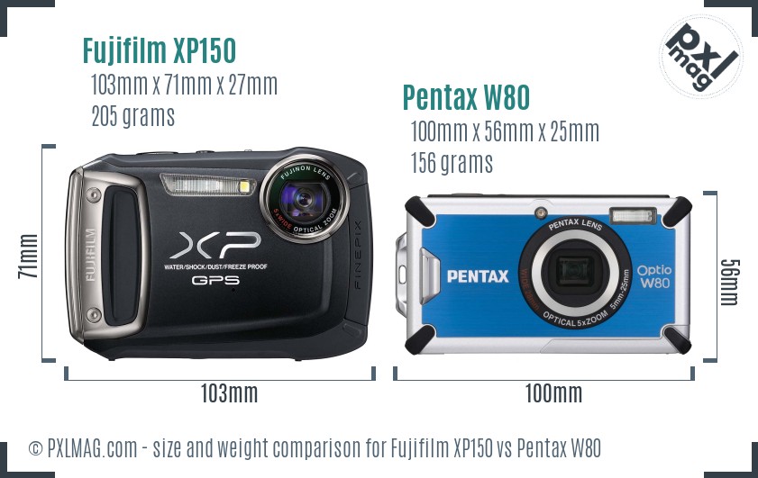 Fujifilm XP150 vs Pentax W80 size comparison