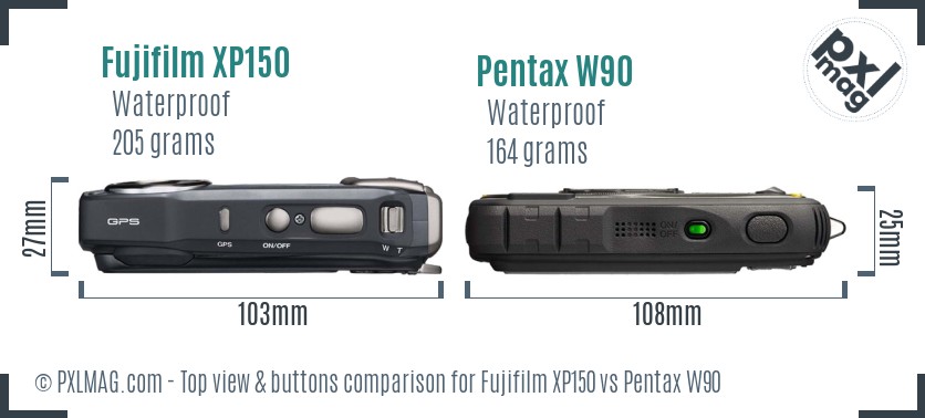 Fujifilm XP150 vs Pentax W90 top view buttons comparison