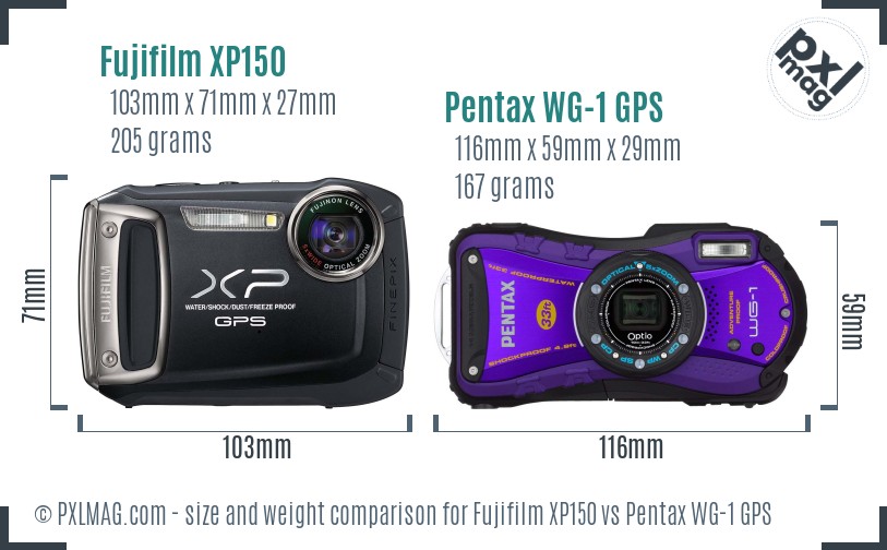 Fujifilm XP150 vs Pentax WG-1 GPS size comparison