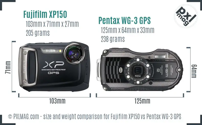 Fujifilm XP150 vs Pentax WG-3 GPS size comparison