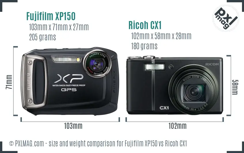Fujifilm XP150 vs Ricoh CX1 size comparison