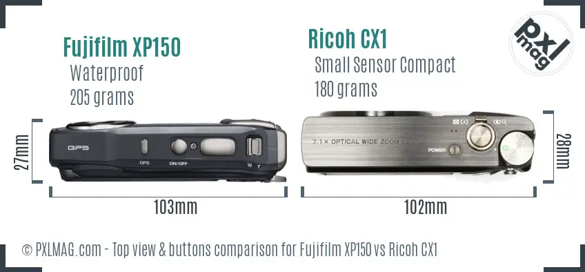 Fujifilm XP150 vs Ricoh CX1 top view buttons comparison