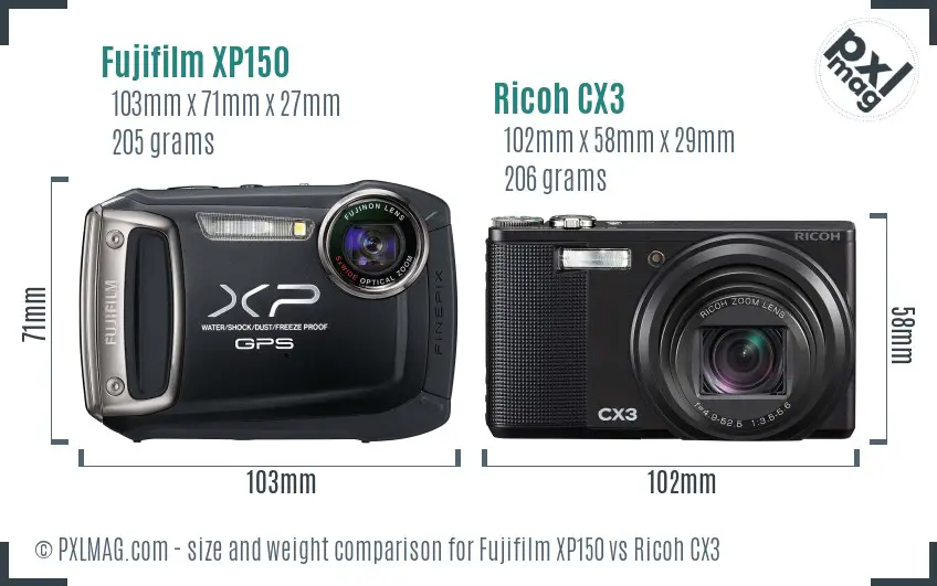 Fujifilm XP150 vs Ricoh CX3 size comparison