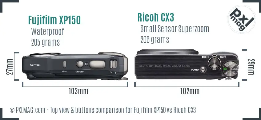 Fujifilm XP150 vs Ricoh CX3 top view buttons comparison