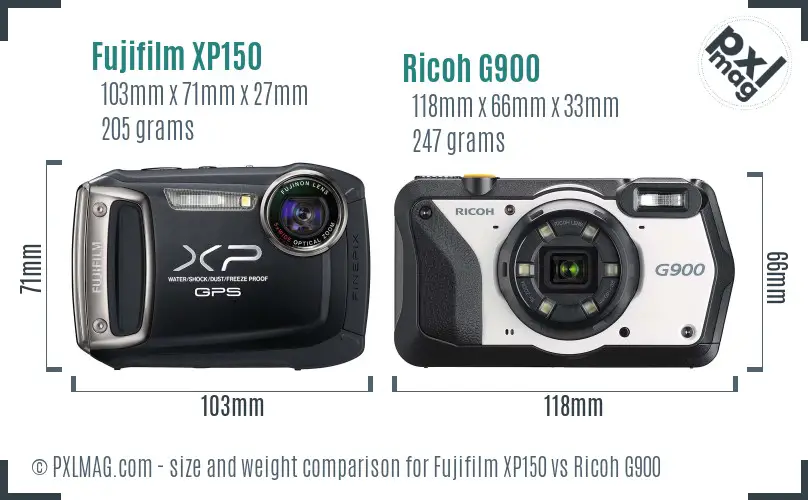 Fujifilm XP150 vs Ricoh G900 size comparison