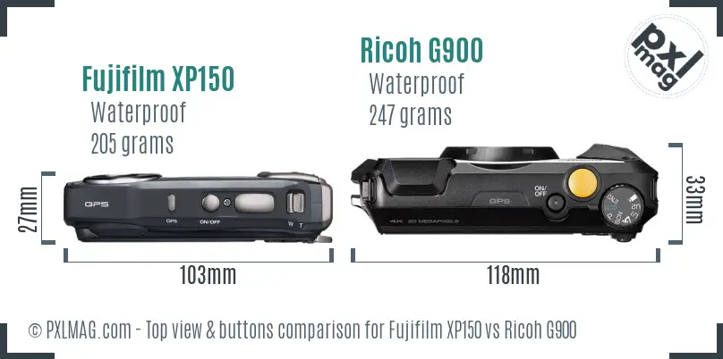 Fujifilm XP150 vs Ricoh G900 top view buttons comparison