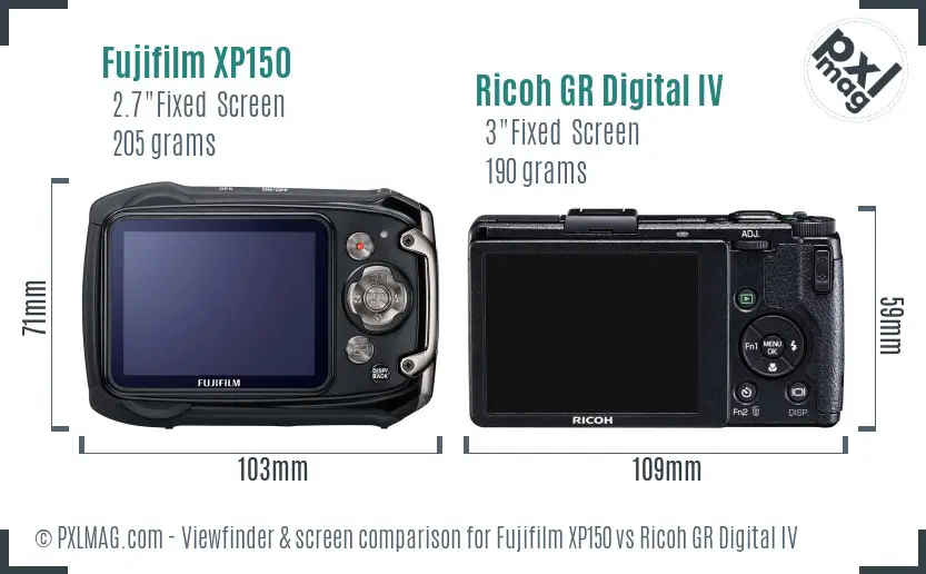Fujifilm XP150 vs Ricoh GR Digital IV Screen and Viewfinder comparison