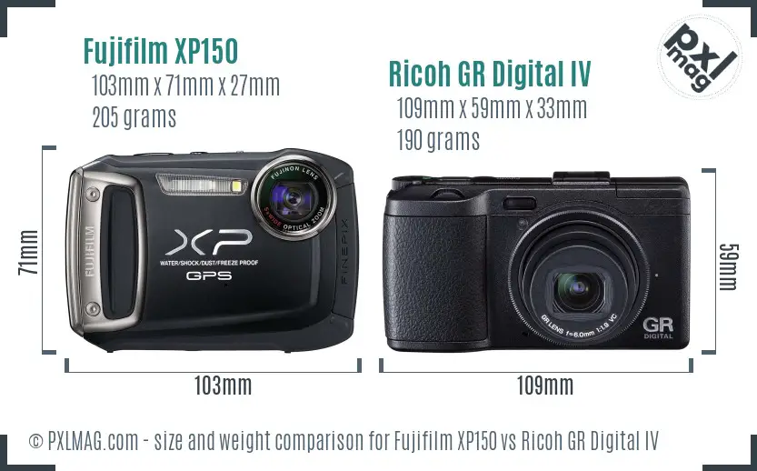 Fujifilm XP150 vs Ricoh GR Digital IV size comparison