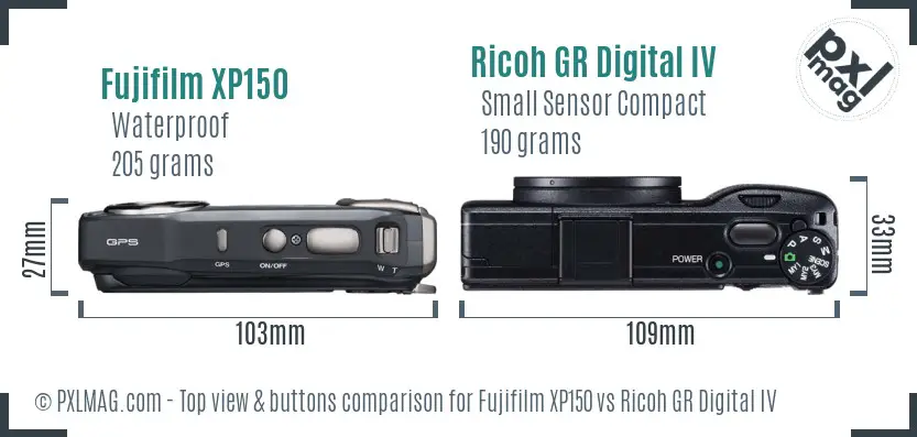 Fujifilm XP150 vs Ricoh GR Digital IV top view buttons comparison