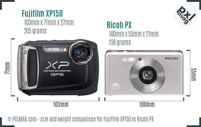 Fujifilm XP150 vs Ricoh PX size comparison