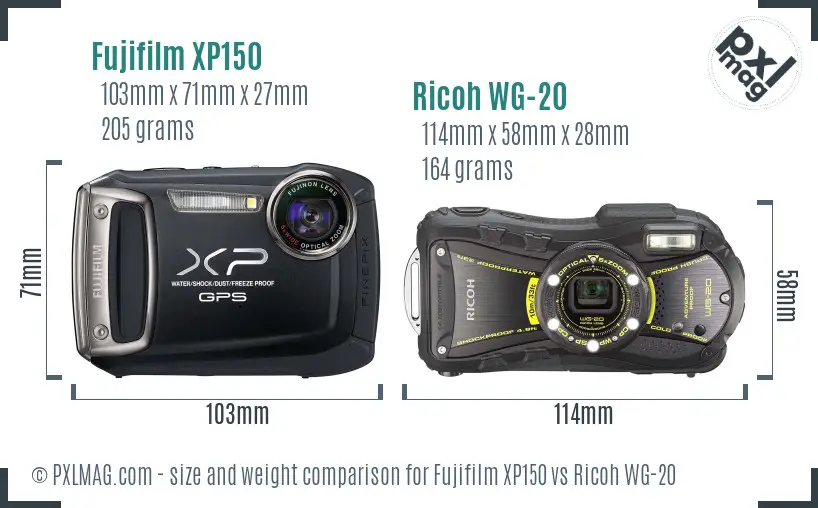 Fujifilm XP150 vs Ricoh WG-20 size comparison