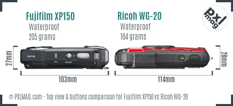 Fujifilm XP150 vs Ricoh WG-20 top view buttons comparison