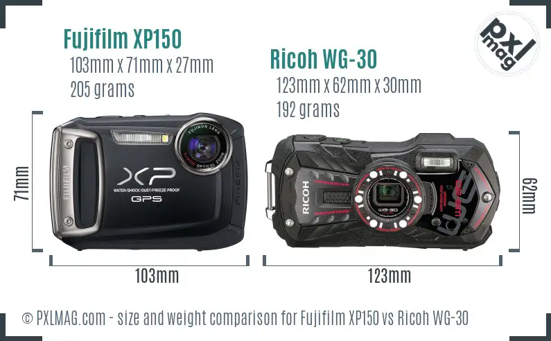 Fujifilm XP150 vs Ricoh WG-30 size comparison