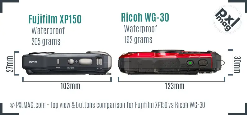 Fujifilm XP150 vs Ricoh WG-30 top view buttons comparison